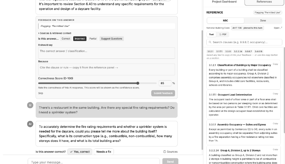 Athyna Insight expert feedback UI beside National Building Code reference clauses